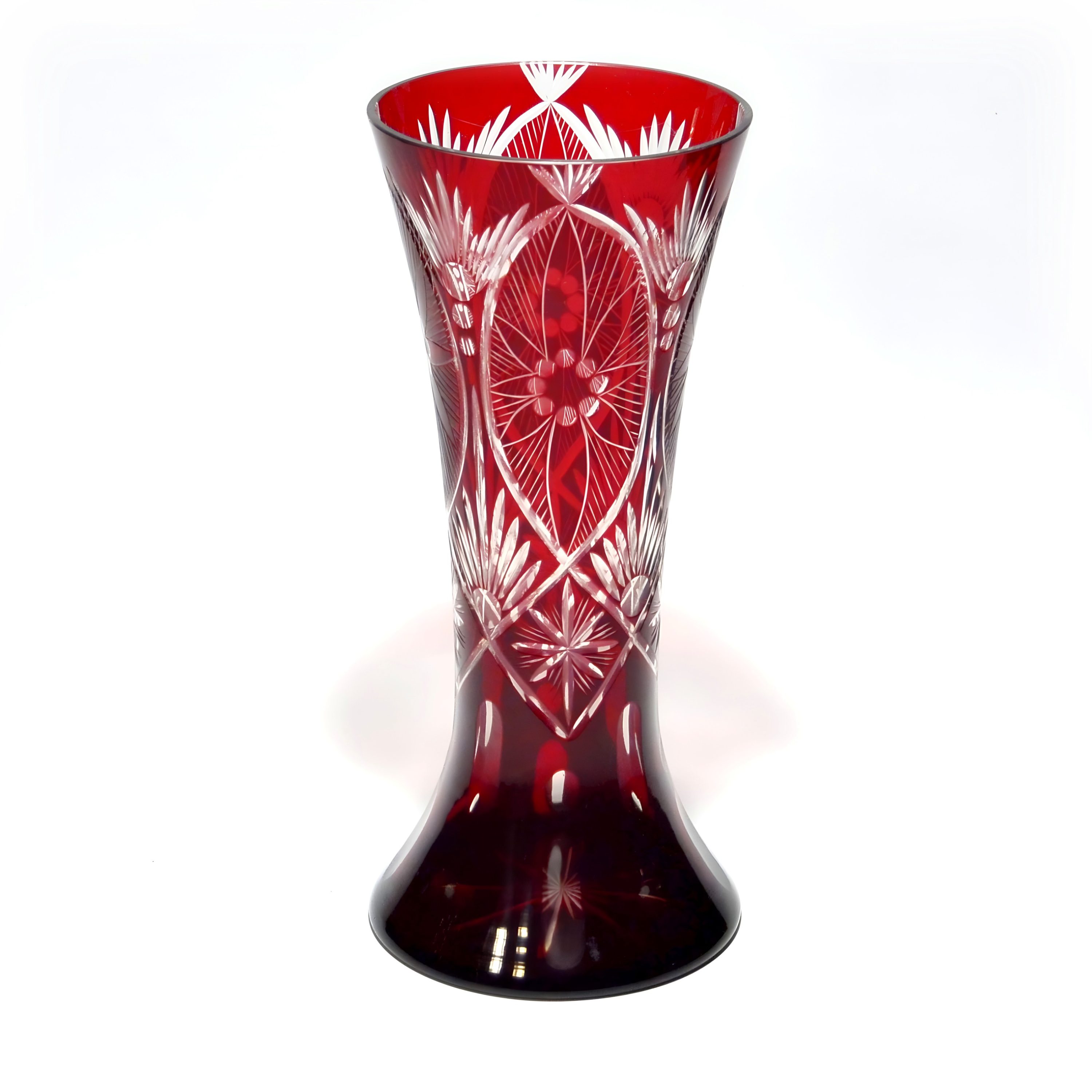 Böhmische Rote Kristallvase Aus Geschliffenem Glas, Mit Blumenmuster, Burgunder Bleikristallvase, Art Deco Graviertes Wohnaccessoire